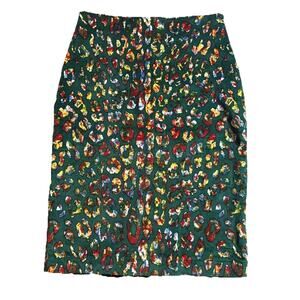 Samantha Sung Greeen Multi Cheetah Wool & Silk Blend Pencil MIDI Skirt Women 8